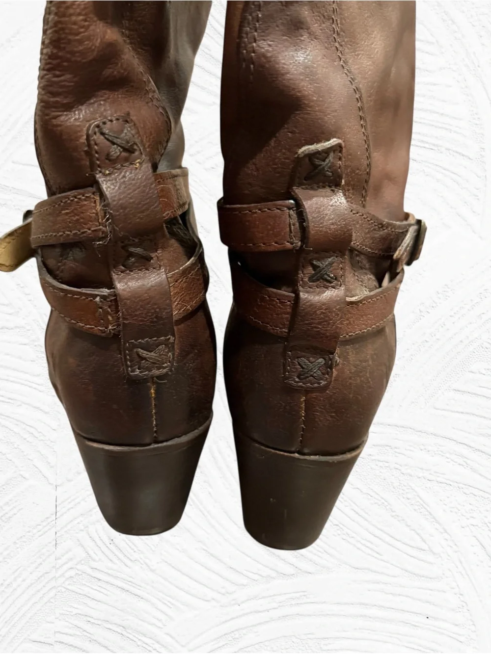 Frye Jane Strappy 76396 Riding Boots Brown Leather Knee High Sz 7.5B
